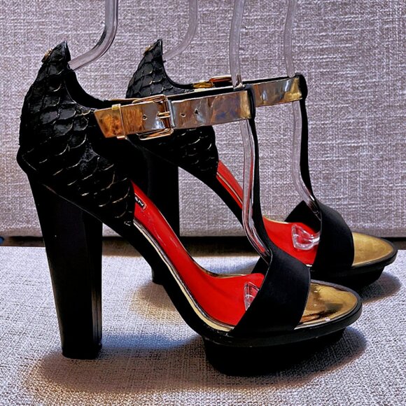 Vintage CHARLES JOURDAN PARIS Open Toe Leather T-Strap Platform High Heels Black - Picture 5 of 15